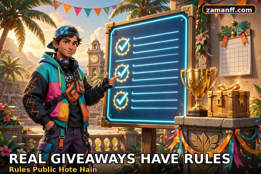 Contest announcement board with trophy and prize box showing how real giveaways are structured