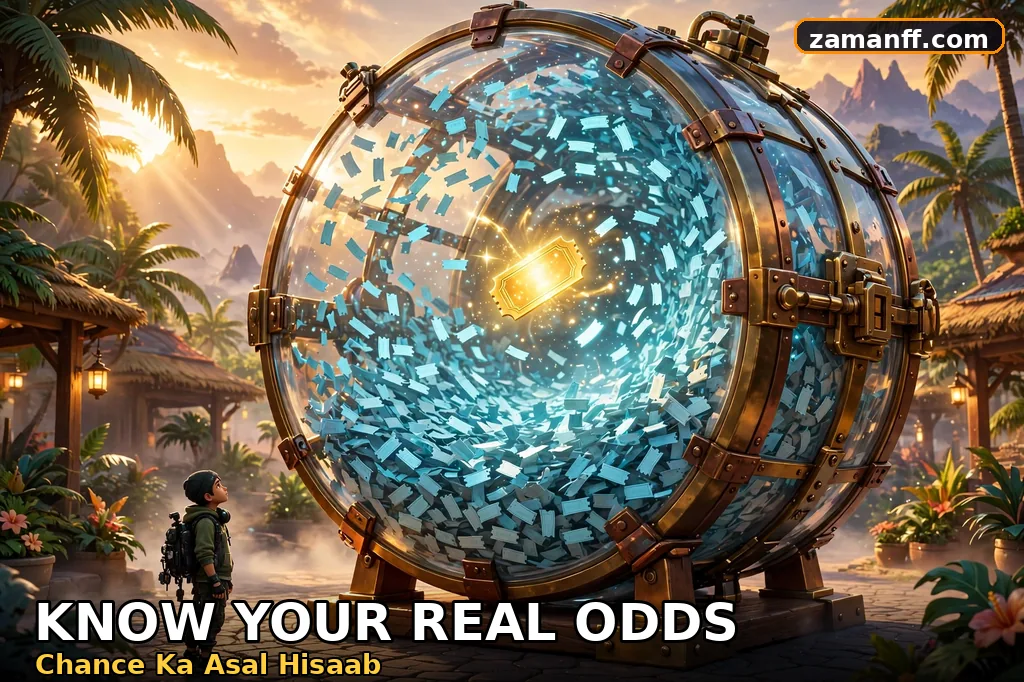 Giant raffle drum full of entry tickets with one golden winning ticket showing giveaway odds