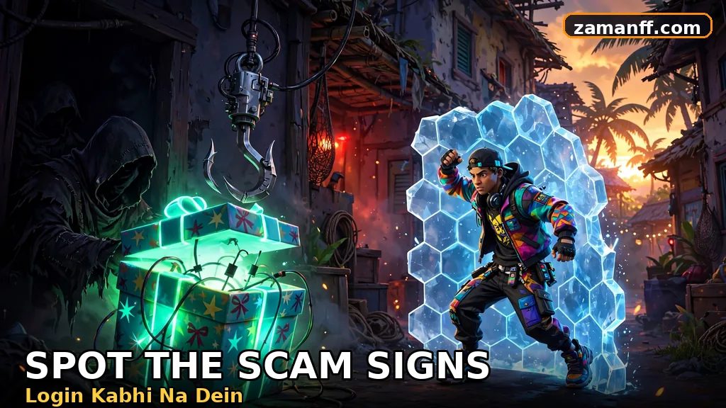 Fake glowing gift box used as scam bait with a phishing hook above it