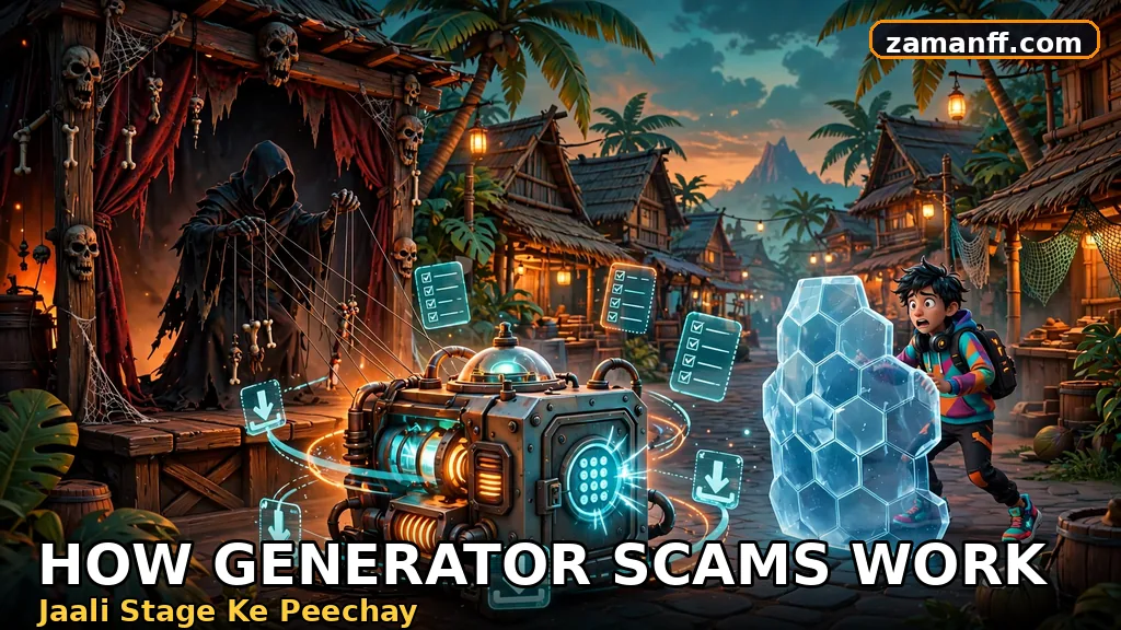 Shadowy puppeteer running a fake generator stage with a fake login door