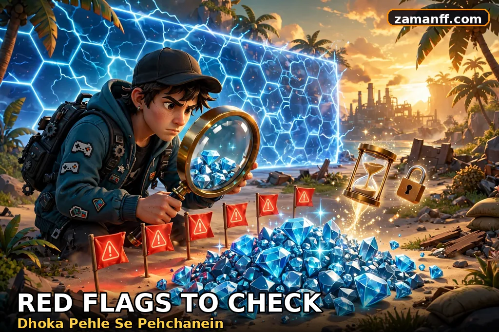 Gamer inspecting red warning flags around a suspicious pile of diamonds