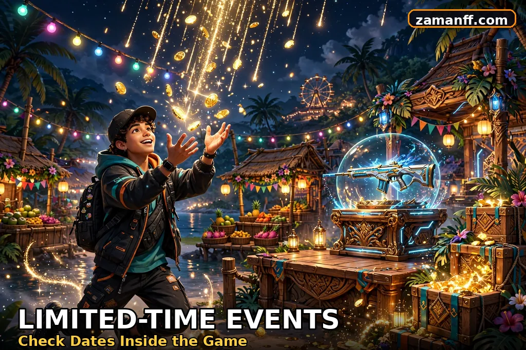 Festive limited-time event plaza with glowing reward tokens