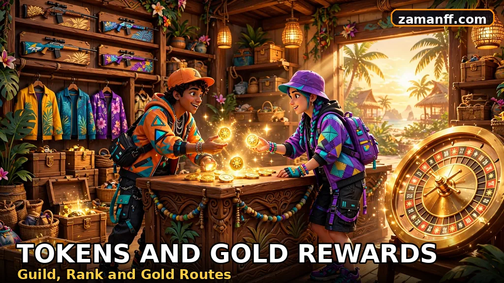 Guild exchange hall where golden tokens are traded for rewards