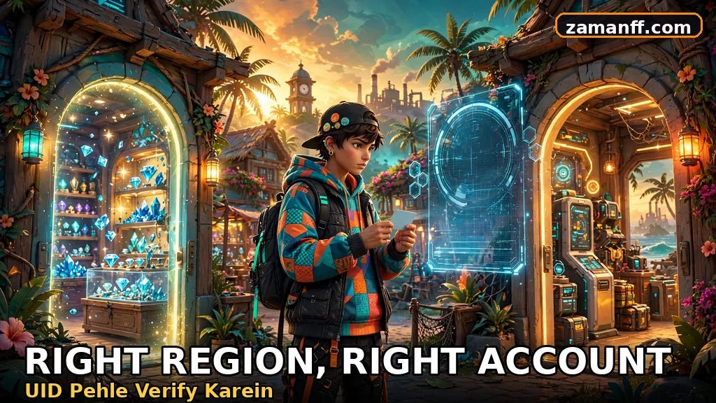 Player verifying his player ID card between the in-game store and top-up center doorways