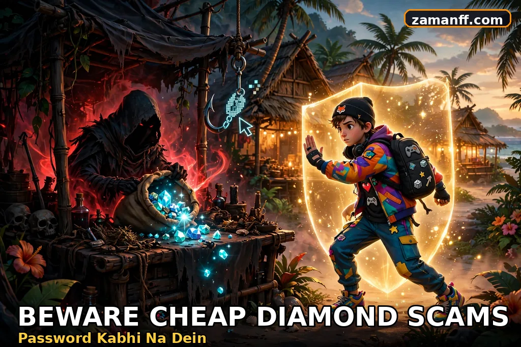 Shady seller offering cheap gems while a cautious player steps back