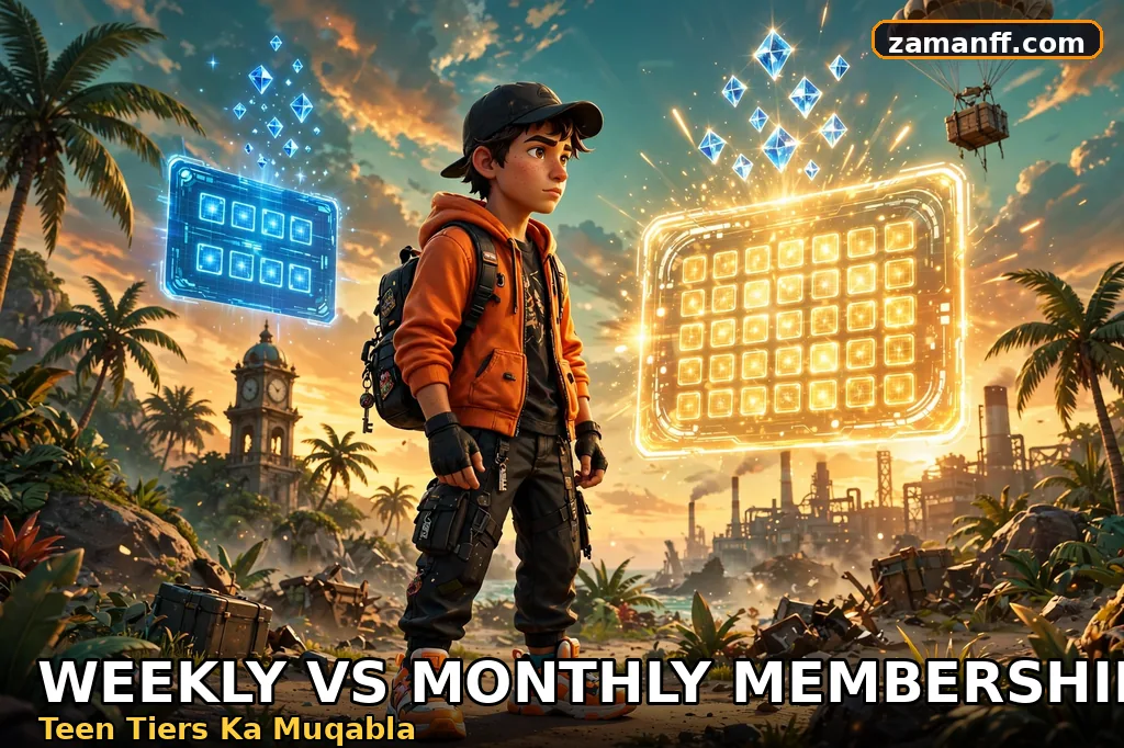 Gamer choosing between a small weekly membership card and a large monthly membership card with floating diamonds
