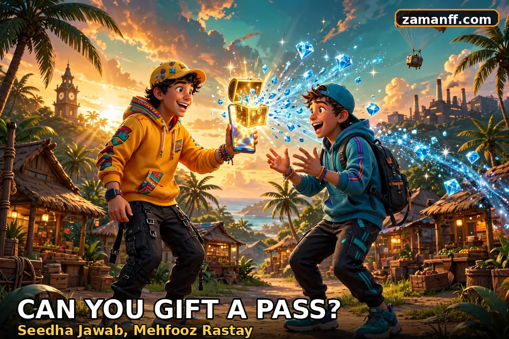 Two gamer friends with a glowing gift box and blue diamonds bursting from a smartphone