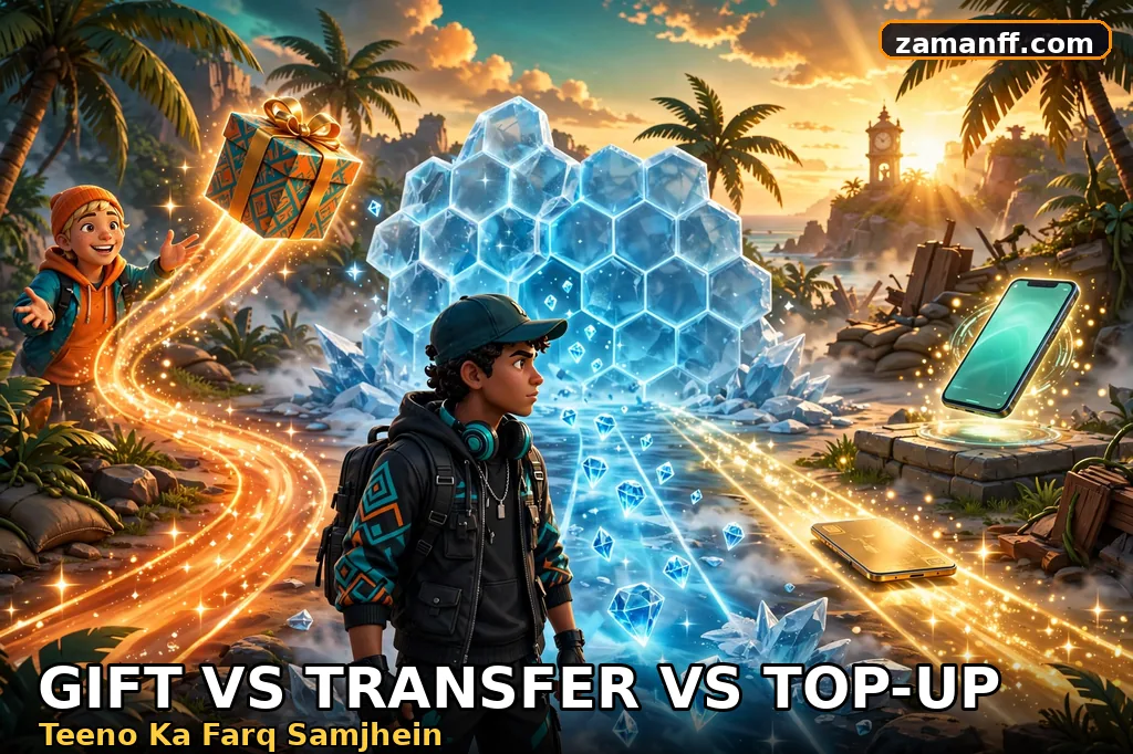 Three glowing paths showing an item gift, a blocked diamond transfer, and a top-up card entering a phone