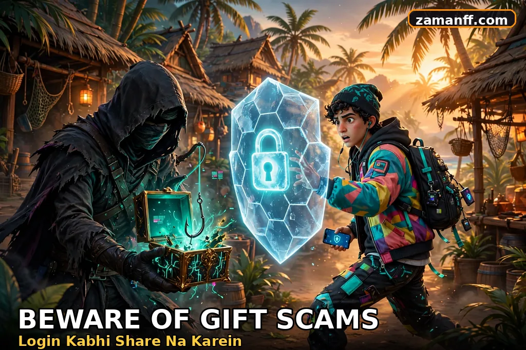 Scammer offering a fake glowing gift while a player protects his account with a shield