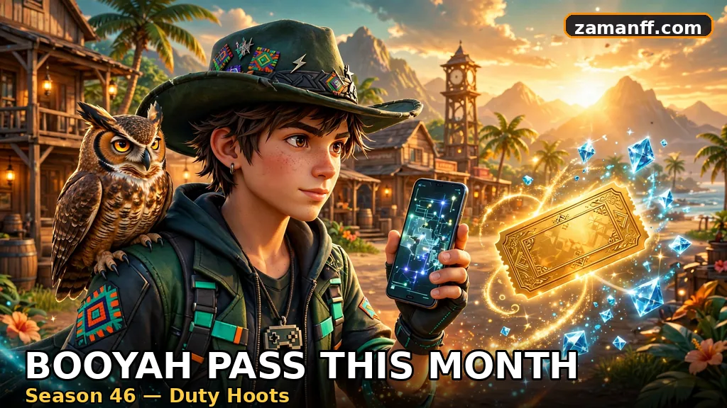 Western outlaw hero with an owl companion and a glowing season pass ticket in a wild west town