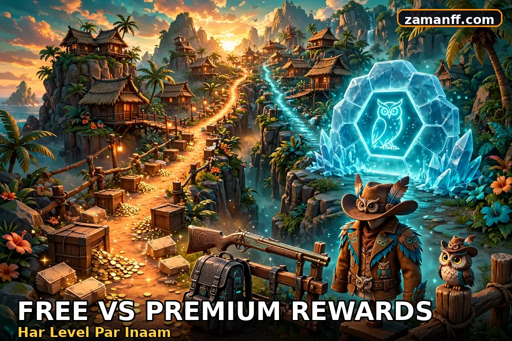 Two reward tracks in a desert canyon with free crates on one side and glowing premium owl themed rewards on the other