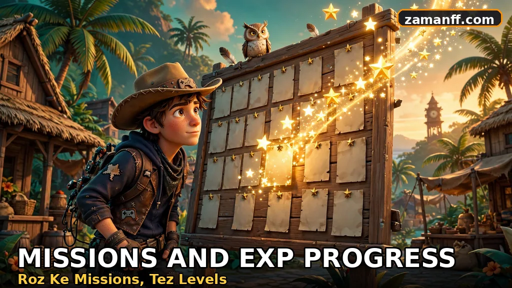 Cowboy character studying a wooden mission board with glowing EXP stars rising from a completed mission