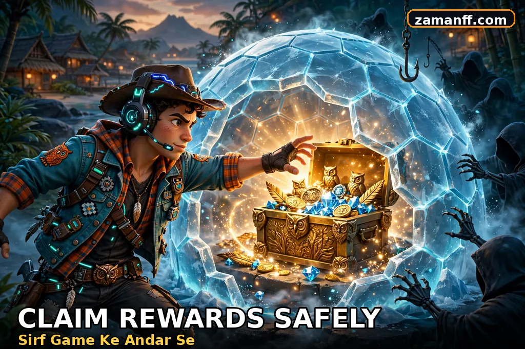 Cowboy hero claiming a golden reward chest inside a protective shield while scammer shadows lurk outside