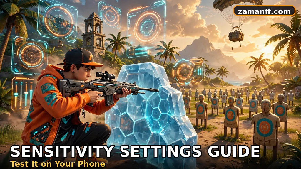 Gamer character training ground mein glowing sensitivity dials ke saath aim practice kar raha hai