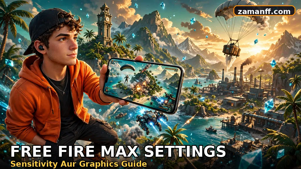 Gamer character holding a smartphone with an ultra detailed premium battle royale world behind him