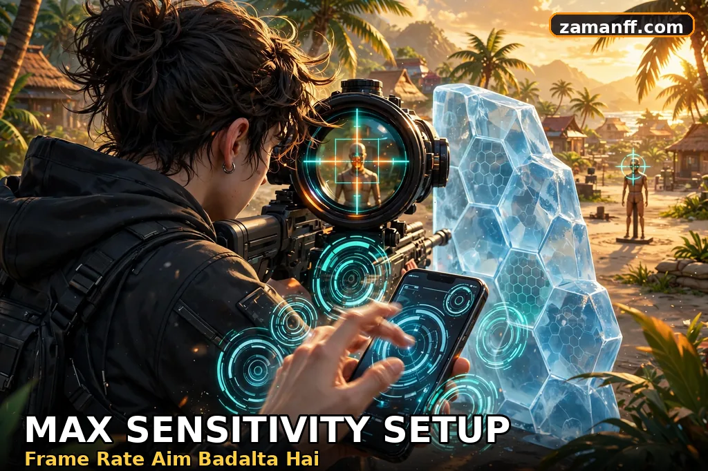 Player aiming through a scope at head height with glowing sensitivity dials beside the phone