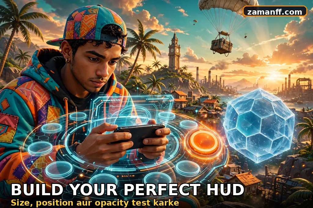 Gamer holding a phone with a glowing custom HUD layout and a highlighted fire button