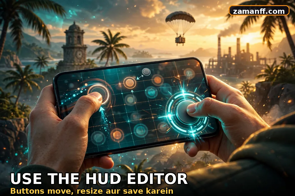 Hands resizing and moving buttons on a smartphone HUD editor grid