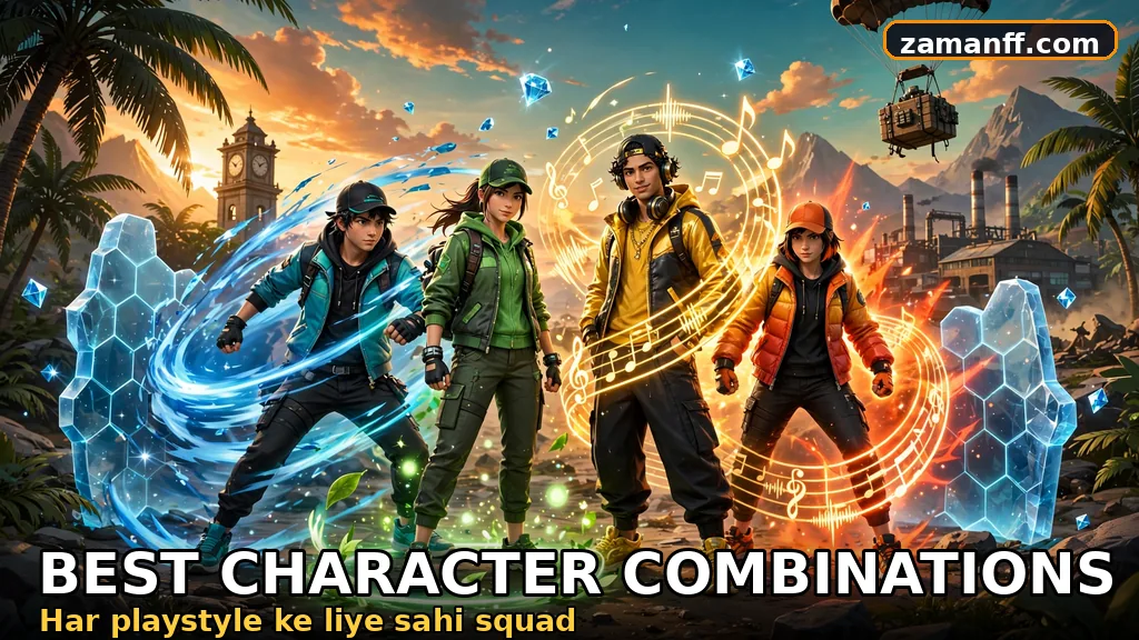 Four-player squad in streetwear with complementary glowing ability auras on a tropical island battlefield