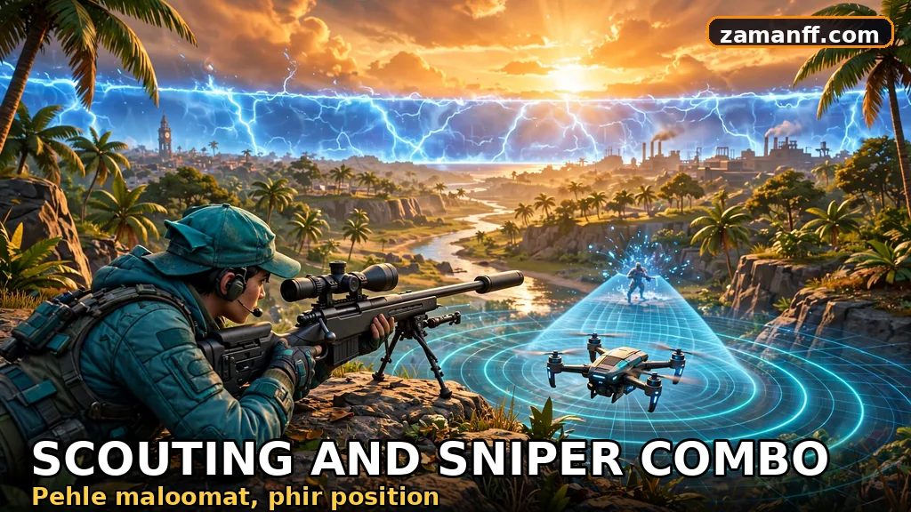 Sniper aiming from a hilltop while a scouting drone scans ahead