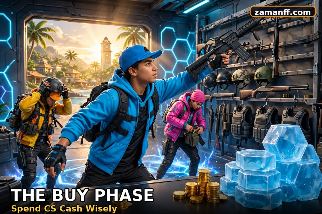 Player choosing weapons and armor at a glowing rack during the buy phase