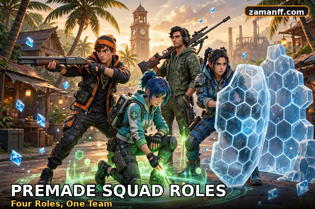 Four teammates with distinct roles standing together as a coordinated squad