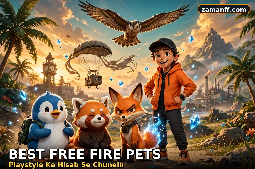 Lineup of battle royale pet companions, a falcon, penguin, red panda and fox, standing with a gamer character on a sunset battlefield island