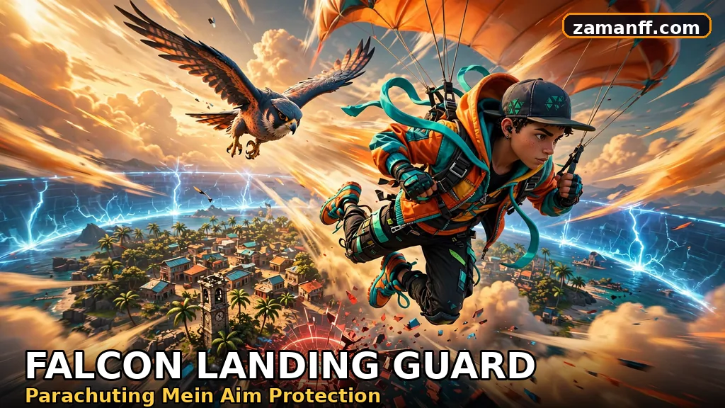 Falcon companion diving beside a parachuting player while an enemy targeting reticle breaks apart below