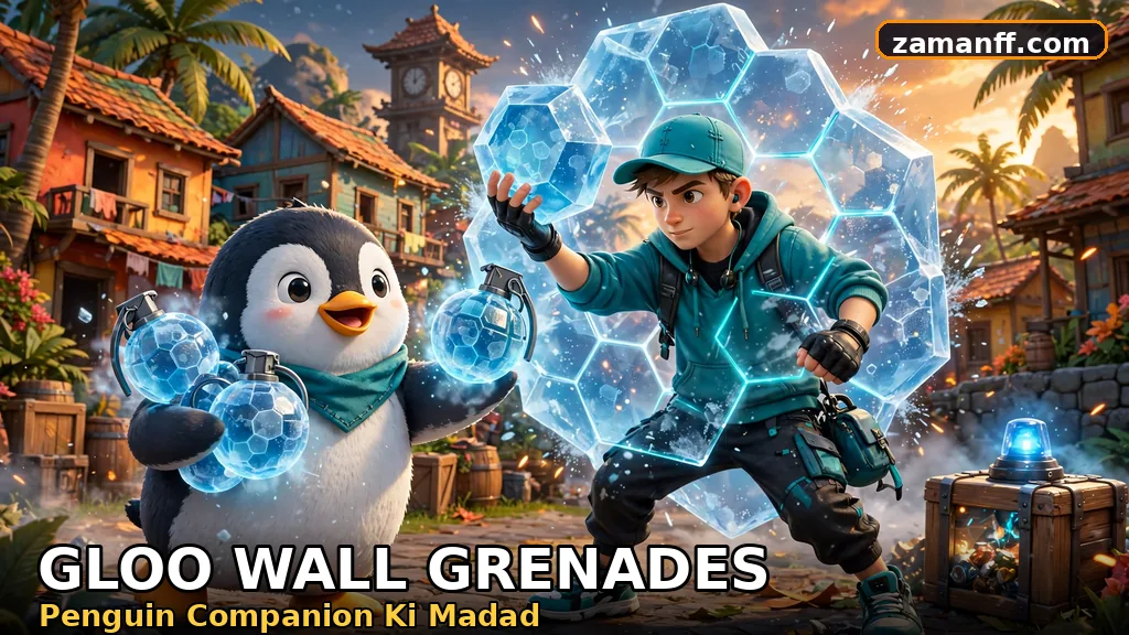 Penguin companion handing glowing ice wall grenades to a player raising an ice wall in an urban arena