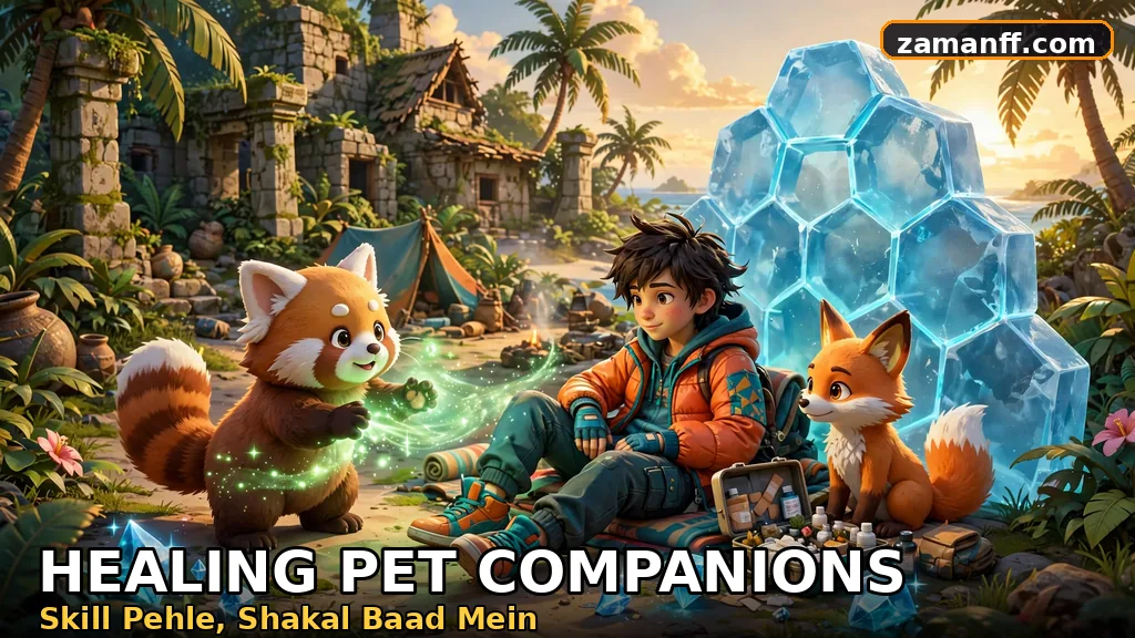 Red panda companion emitting a healing glow toward its owner at a camp, with a fox companion beside a med kit