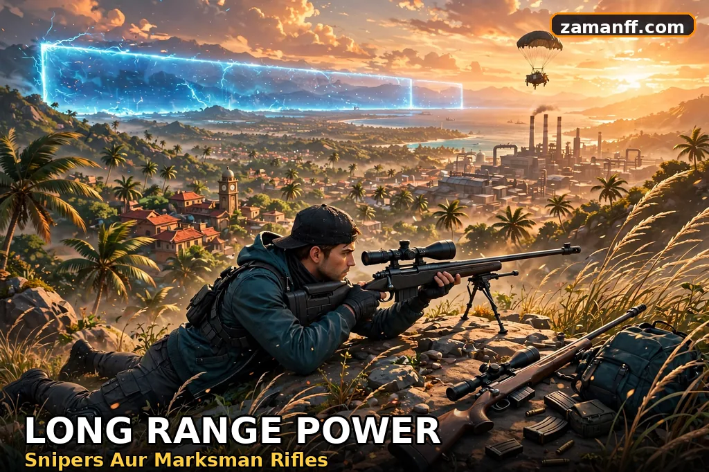 Sniper with a bolt-action rifle on a hilltop watching a distant valley at sunset