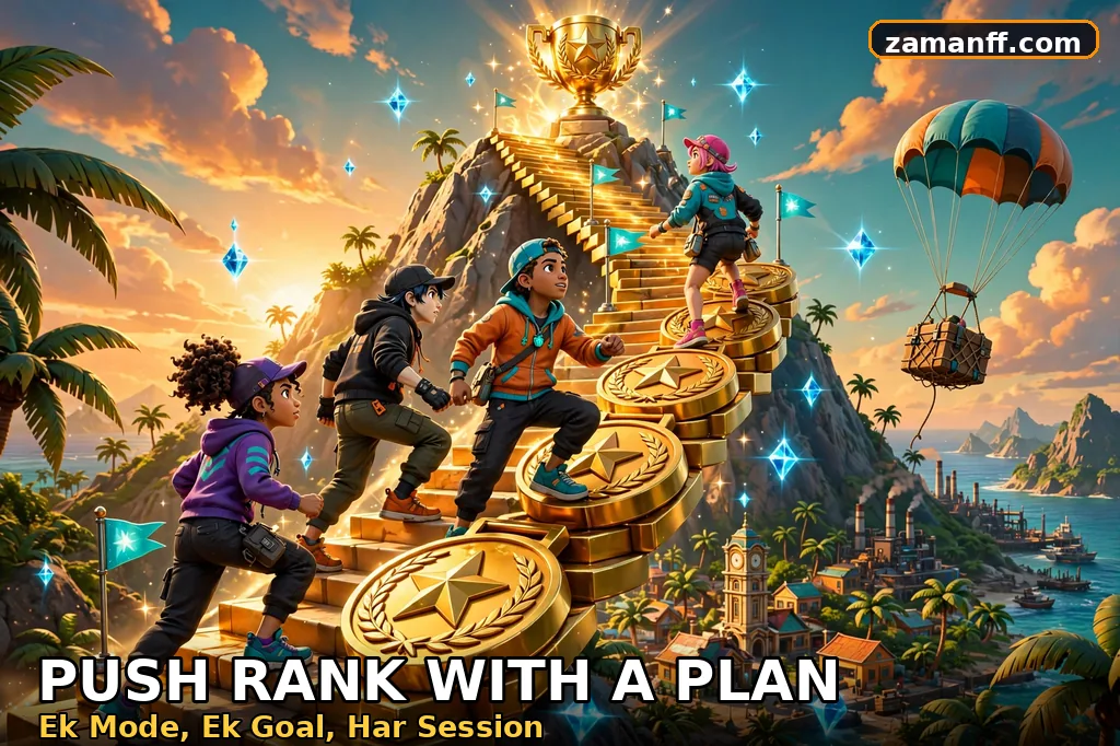 Original squad of heroes climbing a glowing staircase of rank medals toward a radiant trophy on a mountain peak