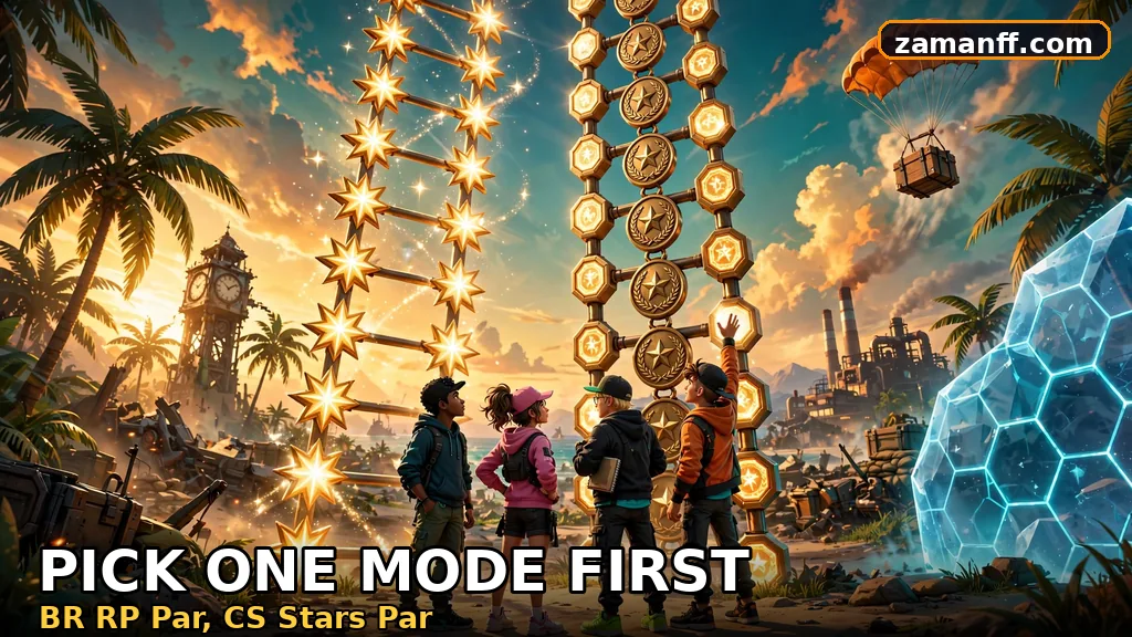 Two glowing ladders side by side, one built from points medals and one from golden stars, with a squad choosing one path