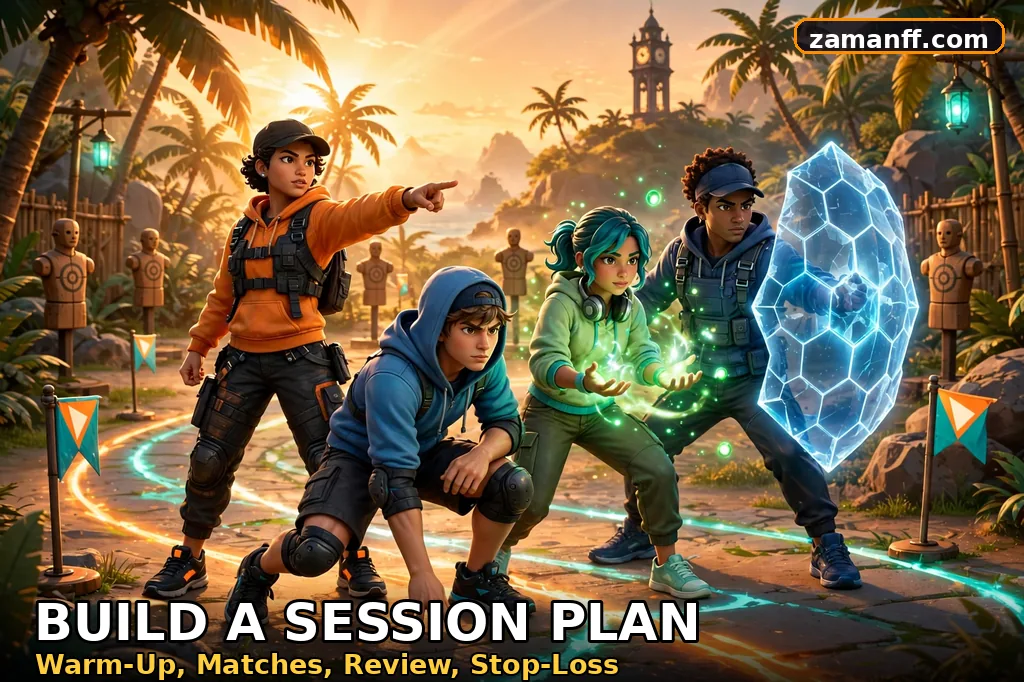 Four heroes in set team roles standing at glowing checkpoint flags along a luminous training-ground path