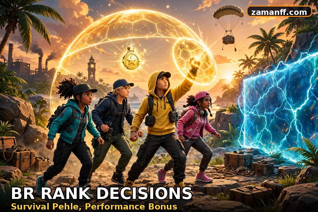 Squad rotating toward a glowing safe-zone edge while a golden dome shield protects a floating rank medal