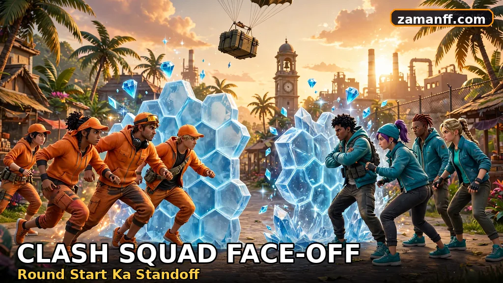 Orange aur teal streetwear squads ka island arena mein face-off, darmiyan mein hexagonal Gloo Walls