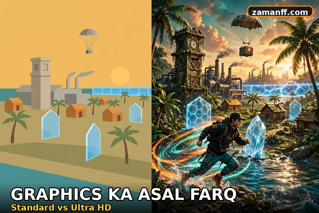 Same island battlefield in standard graphics and detailed Ultra HD graphics