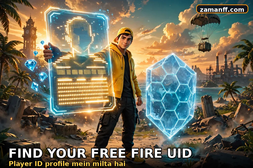 Gamer holding a glowing profile card with a golden UID badge in a game lobby